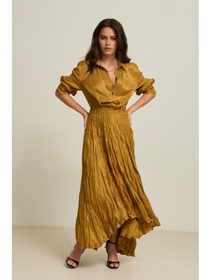 Setre Safran Belden Lastikli, Pilise Detaylı Midi Boy Rahat Kesim Etek