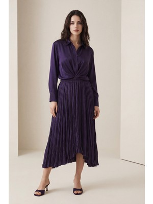 Setre Mor Belden Lastikli, Pilise Detaylı Midi Boy Rahat Kesim Etek