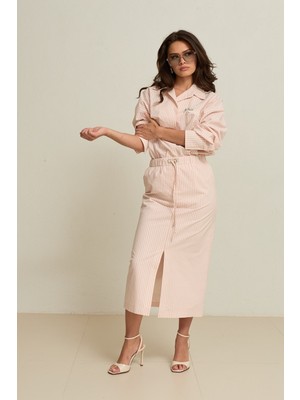 Setre Ekru-Pudra %100 Pamuk, Belden Lastikli, Çizgili Düğme Detaylı Midi Boy Etek
