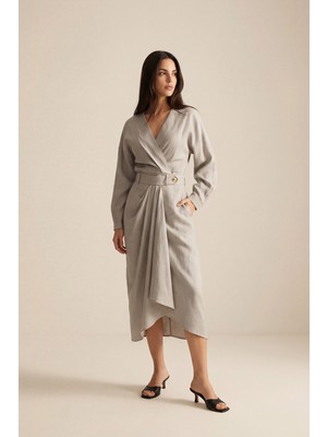 Setre Krem Belden Düğme ve Pile Detaylı Midi Boy Etek