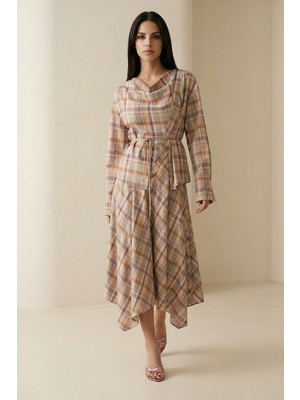 Setre Pembe-Yeşil Belden Bağlama Ve Yaka Detaylı Uzun Kollu Desenli Bluz