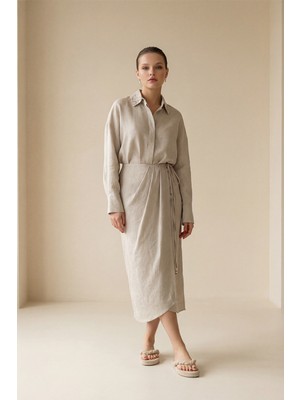 Setre Bej %100 Keten Belden Bağlama Ve Kumaş Detaylı Etek