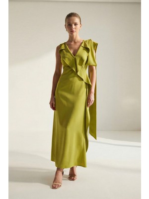Setre Yağ Yeşili V Yaka Kolsuz Asimetrik Detaylı Midi Boy Elbise