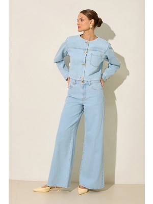 Setre Mavi %100 Pamuk Yakasız Düğme ve Cep Detaylı Ceket Jean Takım