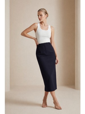 Setre Lacivert Gizli Kapama Ve Fermuar Detaylı Kalem Kesim Etek