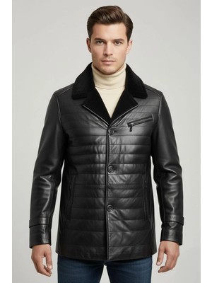 Deriderim Siyah İçi Siyah Tüylü Cepli Astarsız Düğme Kapamalı Dar Kesim Jasper Erkek Hakiki Kürk Kaban