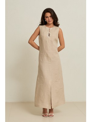 Setre Bej Kolsuz Mini Yırtmaç Detaylı Midi Boy Elbise