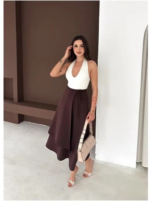 Win Moda Kadın Beli Bağlamalı Yumuşak Dokulu Tam Kalıp Scuba Uzun Etek Siyah ve Kahverengi S ve Xl Beden Aralığı
