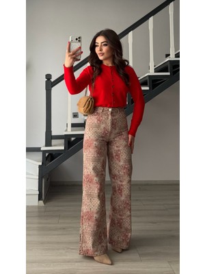 Elisin Kırmızı-Krem Etnik Desen Flare Pantolon