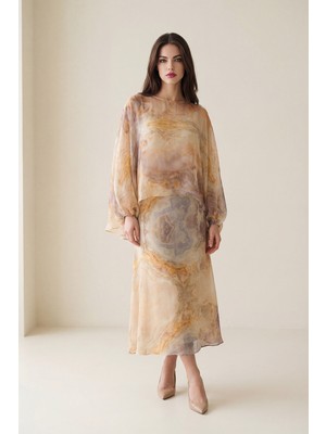 Setre Bej-Lila Desenli Tam Kalıp Etek