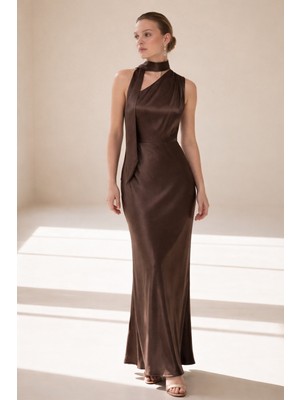 Setre Sütlü Kahve Yaka Detaylı Belden Oturtmalı Tam Kalıp Uzun Elbise