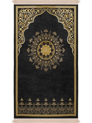 Bursa İpek Siyah Mandala Desen Kabartmalı Özel Dokuma Seccade