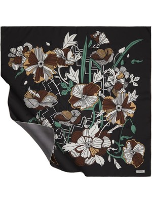Emproyal Ipekevi Twill Ipek Eşarp - Karnaval Çiçekleri Desenli - Acı Kahve