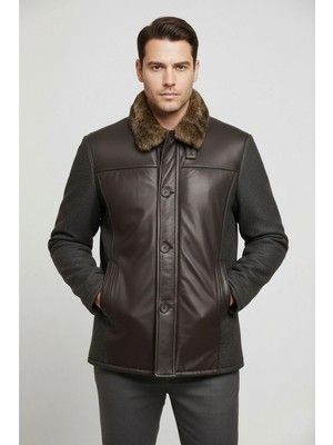 Deriderim Kahverengi Hakiki Deri Gövde Kuzu Kürk Yanlar Kumaşlı Kapamalı Kaban