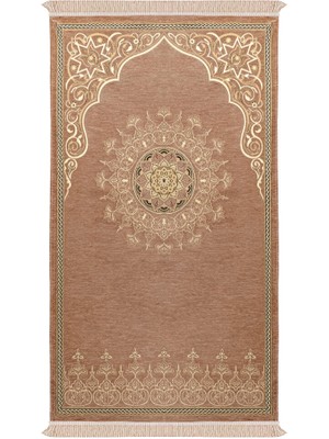 Bursa İpek Bej Mandala Desen Kabartmalı Özel Dokuma Seccade