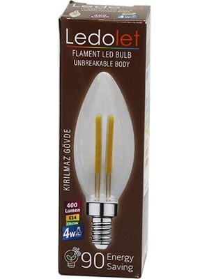 Cekar Store Ledolet  4W=45W - E14   Mum  Flament LED Rustik Ampul  400LUMEN - 3000K   Kırılmaz Gövde (5324)