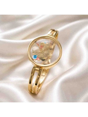 Noshnosh 316L Gold Çelik Fanus Yoncalı Kelepçe Bileklik