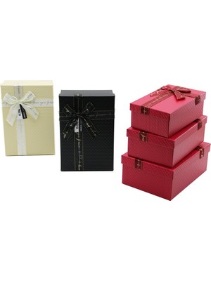Cekar Store 3pcs D.dörtgen Mat Mix Renkli - Kabartma Desen Karton Hediye Kutusu Kurdelalı 22.5X15.5-20.5X13.5-18.5X11.5CM (5324)