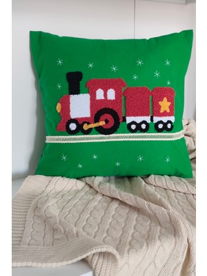 Sevim Tren Nakışlı Dantelli Dekoratif Kırlent Kılıfı - Punch Işlemeli Çocuk Odası Dekoru - 43X43 cm