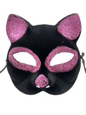 Cekar Store Siyah Renk Pembe Simli Süet Kaplama Kedi Maskesi 18X14 cm (5324)