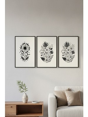 Safir Design Botanik Çiçekler Temalı Siyah Beyaz Dekoratif 3'lü Çerçeveli Tablo Seti