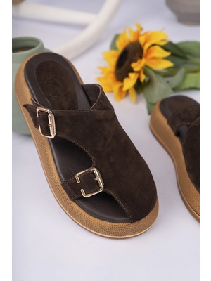 Sy Leather Amy Model Hakiki Deri Kalın Taban Yan Açık Dekolteli Çift Tokalı Kadın Terlik