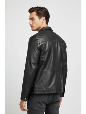 Deriderim Gerard Siyah Hakiki Deri Klasik Yaka Erkek Ceket