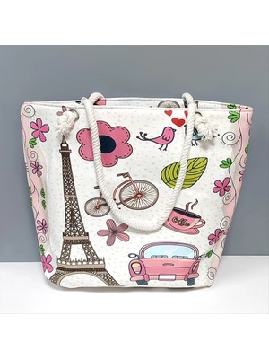 Renklime Eyfel Kulesi Desenli Plaj Çantası