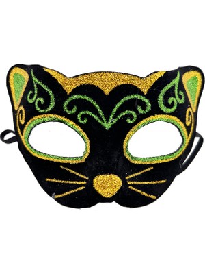 Cekar Store Siyah Kadife Kaplama Üzeri Sarı Yeşil Sim Işlemeli Kedi Maskesi 20X13 cm (5324)