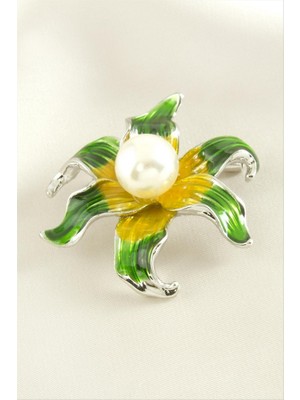 Zero Land Xmpdby Çiçek Mineli Inci Broş - Gümüş Rengi