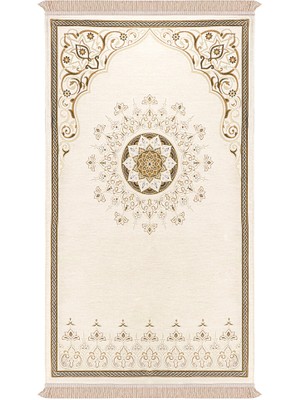 Bursa İpek Krem Mandala Desen Kabartmalı Özel Dokuma Seccade