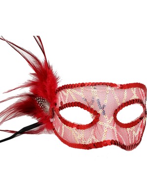 Cekar Store Kırmızı Renk Yandan Tüylü Pul Payet Işlemeli Parti Maskesi 23X12 cm (5324)