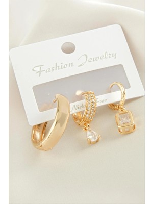 Renklime 3 Adet Baget Zirkon Taşlı Küpe