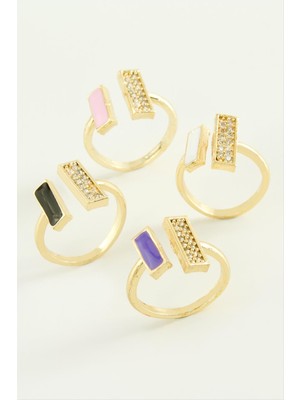 Renklime Dikdörtgen Taşlı Mineli Eklem Yüzük