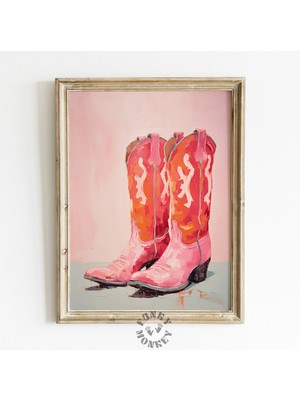 Ninastore Retro Kovboy Çizmeleri Dijital Baskı / Eğlenceli ve Trendi Batı Tarzı Tablo / Pembe Turuncu Kovboy Ç
