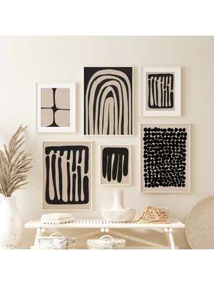 Ninastore Bej ve Siyah Soyut Baskılı Duvar Sanatı Seti (6 Parça) – Minimalist Organik Şekiller/ Nötr Modern Ga