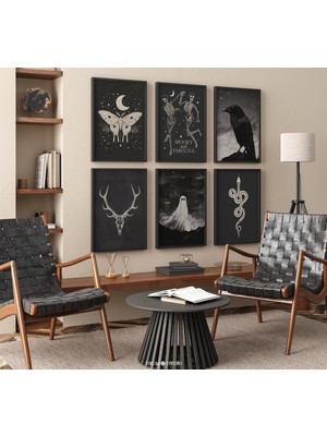 Ninastore Siyah Beyaz 6'lı Baskı Cadılar Bayramı Duvar Sanatı Seti / Karanlık Akademi Duvar Galerisi / Kasvetl