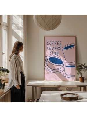 Ninastore Pembe ve Mavi Kahve Severler Kulübü Baskılı Duvar Sanatı/ Pastel Mutfak Dekorasyonu/ Sevimli Kahve K