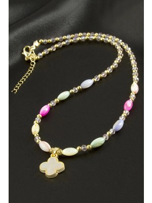 Renklime Çiçek Sedef Cam Boncuk Kristal Kolye