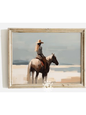 Ninastore Retro Batı Tarzı Baskılı Sanat Eseri / Kovboy Kızı Soyut Tablo / Nötr Renkler / At Üzerinde Kovboy K