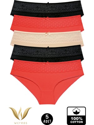 wcreas Dantelli Pamuklu Kadın Bato Külot, 5'li Paket Pamuklu Yumuşak Kumaş Kadın Külot