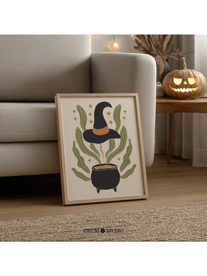 Ninastore Cadı Kazanı Baskılı Duvar Sanatı – Toprak Tonlarında Botanik Tasarım/ Trendi Boho Eklektik Cadılar B