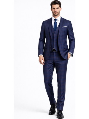 FABIO CASSEL Lacivert Kareli Premium Erkek Takım Elbise – Slim Fit Özel Gün & Davet Takımı
