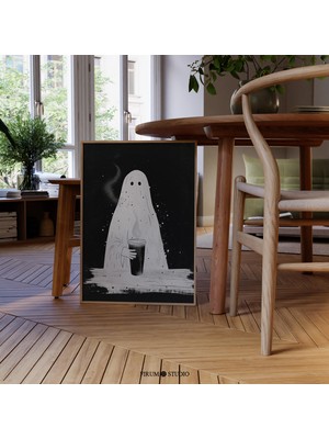 Ninastore Kahve Içen Retro Hayalet Indirilebilir Sanat Baskısı/ Minimalist Cadılar Bayramı Duvar Dekoru/ Ürküt