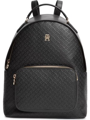 Tommy Hilfiger Kadın Monogram Logo Desenli Ayarlanabilir Askılı Fermuarlı Ön Cepli Siyah Sırt Çantası AW0AW18852-BDS