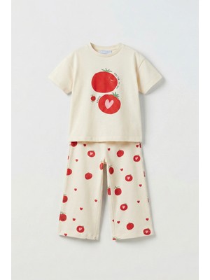 Magu Unisex Çocuk Pamuklu Krem Domates Baskılı T-Shirt Pantolon Takım - Yazlık