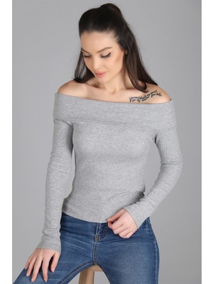 Sweetness Kadın Gri Madonna Yaka Kaşkorse Bluz