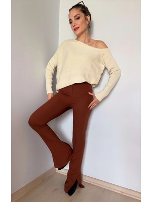 Ali Butik Kahverengi Yırtmaçlı Ispanyol Paça Pantolon