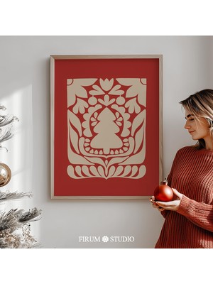 Ninastore Kırmızı Bej Iskandinav Noel Baskılı Duvar Sanatı/ Maksimalist Halk Tarzı Tatil Posteri/ Rahat Noel D