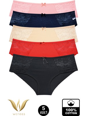 wcreas Yanları Dantelli Pamuklu Kadın Bato Külot, 5'li Paket Pamuklu Yumuşak Kumaş Dantelli Külot